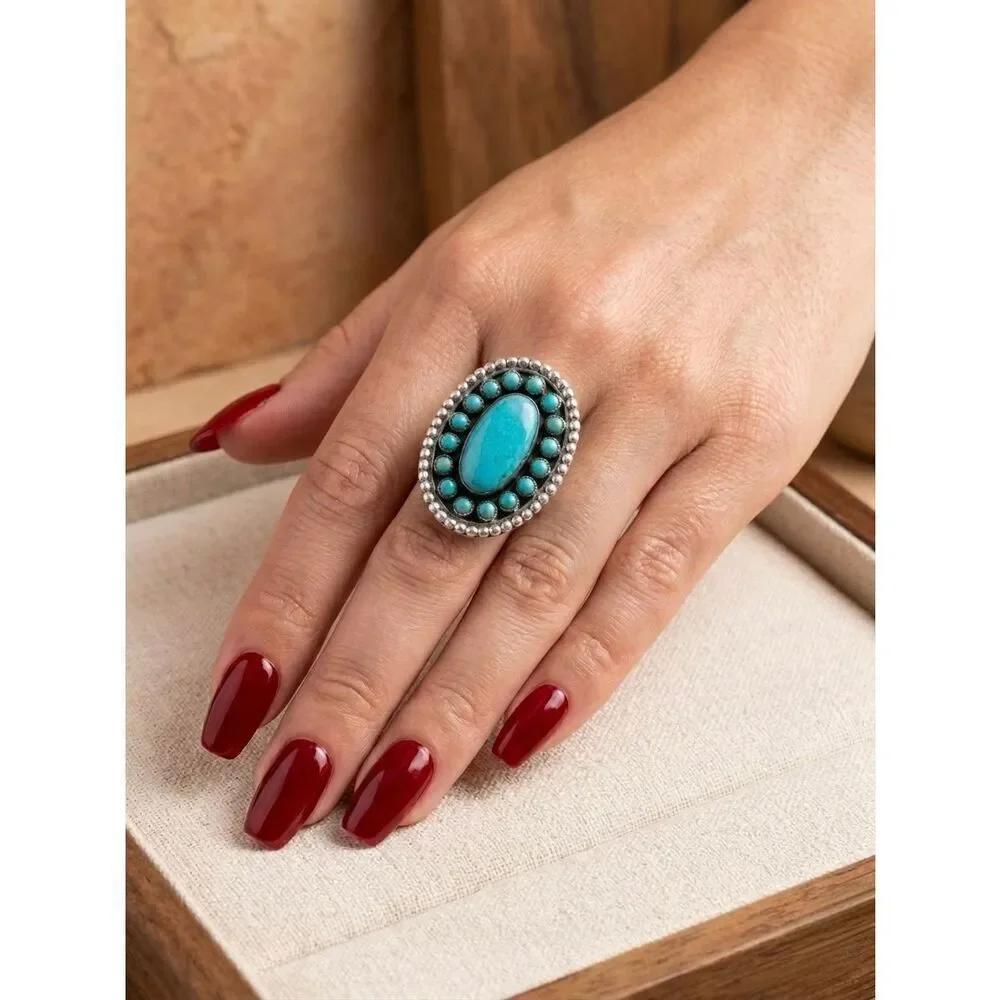 Vintage Style Sterling Silver Turquoise Cluster Statement Ring Southwestern Boho